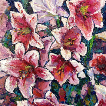 绘画 标题为“Red lilies” 由Evgeny Chernyakovsky, 原创艺术品, 油 安装在木质担架架上
