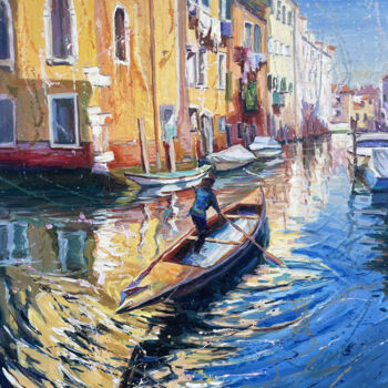 Painting titled "Courtyard in Venice" by Evgeny Chernyakovsky, Original Artwork, Oil Mounted on Wood Stretcher frame