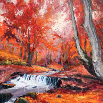 Painting titled "river in autumn for…" by Evgeny Chernyakovsky, Original Artwork, Oil Mounted on Wood Stretcher frame
