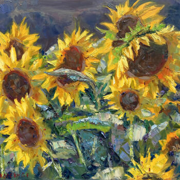 Peinture intitulée "Sunflowers field" par Evgeny Chernyakovsky, Œuvre d'art originale, Huile Monté sur Châssis en bois