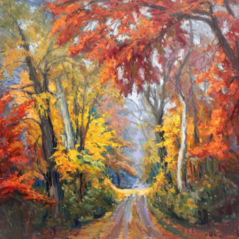 Painting titled "Autumn forest" by Evgeny Chernyakovsky, Original Artwork, Oil Mounted on Wood Stretcher frame