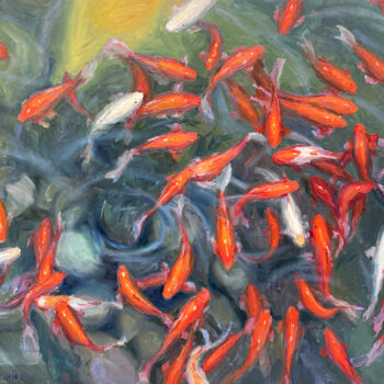Painting titled "Koi fish" by Evgeny Chernyakovsky, Original Artwork, Oil Mounted on Wood Stretcher frame
