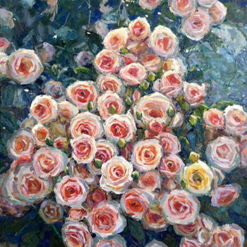 Painting titled "White roses" by Evgeny Chernyakovsky, Original Artwork, Oil Mounted on Wood Stretcher frame