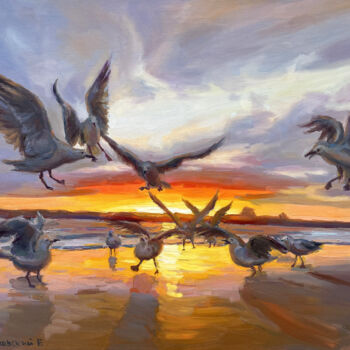 Painting titled "Seagulls" by Evgeny Chernyakovsky, Original Artwork, Oil Mounted on Wood Stretcher frame