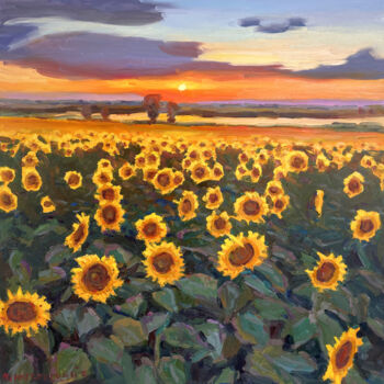 Pittura intitolato "sunset with sunflow…" da Evgeny Chernyakovsky, Opera d'arte originale, Olio Montato su Telaio per barell…
