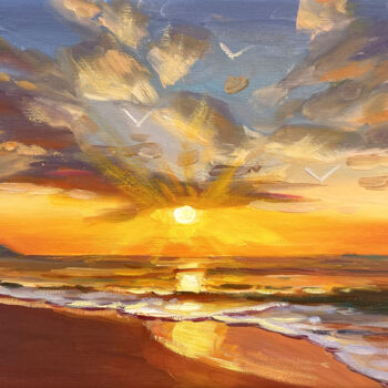 Painting titled "Sunrise" by Evgeny Chernyakovsky, Original Artwork, Oil Mounted on Wood Stretcher frame