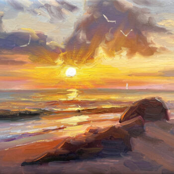 Ζωγραφική με τίτλο "sunset embankment" από Evgeny Chernyakovsky, Αυθεντικά έργα τέχνης, Λάδι Τοποθετήθηκε στο Ξύλινο φορείο…