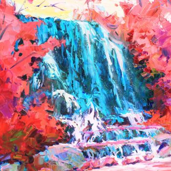 Painting titled "Mountain waterfall" by Evgeny Chernyakovsky, Original Artwork, Oil Mounted on Wood Stretcher frame