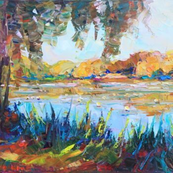 Painting titled "River with lilies" by Evgeny Chernyakovsky, Original Artwork, Oil Mounted on Wood Stretcher frame