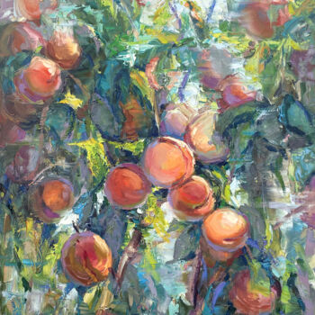 Painting titled "Tree with peaches" by Evgeny Chernyakovsky, Original Artwork, Oil Mounted on Wood Stretcher frame