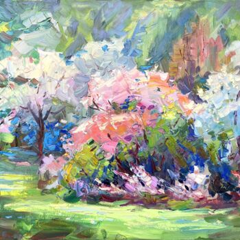 Painting titled "Blooming garden" by Evgeny Chernyakovsky, Original Artwork, Oil Mounted on Wood Stretcher frame