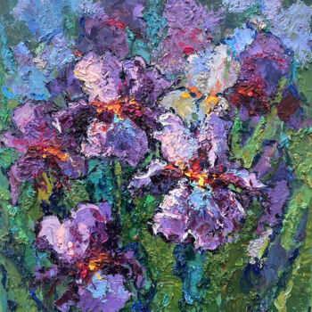 Painting titled "Purple irises" by Evgeny Chernyakovsky, Original Artwork, Oil Mounted on Wood Stretcher frame