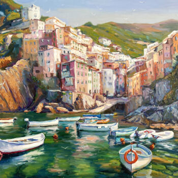 Painting titled "Riomaggiore" by Evgeny Chernyakovsky, Original Artwork, Oil Mounted on Wood Stretcher frame
