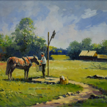 Painting titled "Water for the Horse" by Evgeny Malykh, Original Artwork, Oil
