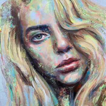 Painting titled "Billie Eilish portr…" by Evgeny Potapkin, Original Artwork, Oil Mounted on Wood Stretcher frame