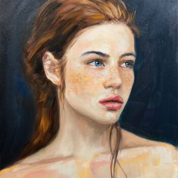 Painting titled "Redhead woman oil p…" by Evgeny Potapkin, Original Artwork, Oil Mounted on Wood Stretcher frame