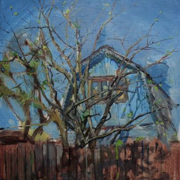 「Blue House | Голубо…」というタイトルの絵画 Evgenya Severskayaによって, オリジナルのアートワーク, オイル ウッドストレッチャーフレームにマウント