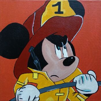 Peinture intitulée "Mickey Pompier" par Evie. R, Œuvre d'art originale, Acrylique