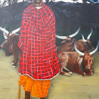 Painting titled "pasteur Masaï" by Evelyn Bastien, Original Artwork, Oil Mounted on Wood Stretcher frame