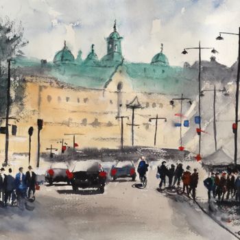 Schilderij getiteld "Strandvägen Stockho…" door Ewa Helzen, Origineel Kunstwerk, Aquarel