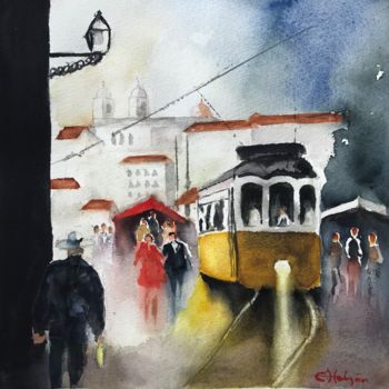 Painting titled "Tram" by Ewa Helzen, Original Artwork, Watercolor
