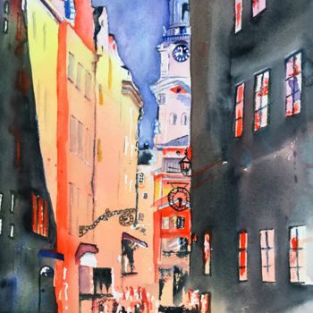 Painting titled "old town of Stockho…" by Ewa Helzen, Original Artwork, Watercolor