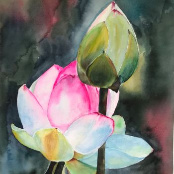 Painting titled "Lotus flower" by Ewa Helzen, Original Artwork, Watercolor