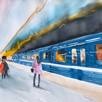Painting titled "Next train" by Ewa Helzen, Original Artwork, Watercolor