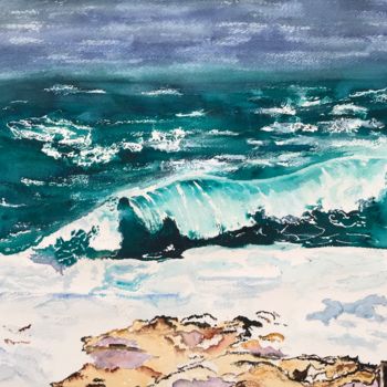 Malerei mit dem Titel "Waves roll on" von Ewa Helzen, Original-Kunstwerk, Aquarell