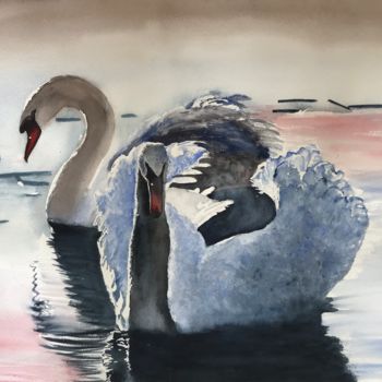 Painting titled "Swan" by Ewa Helzen, Original Artwork, Watercolor