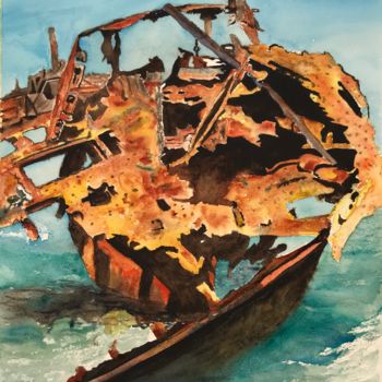 Pintura intitulada "Rusty bout wreck" por Ewa Helzen, Obras de arte originais, Aquarela