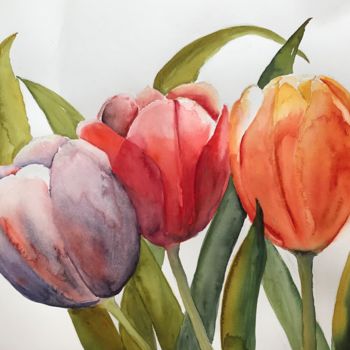 Peinture intitulée "Three tulips" par Ewa Helzen, Œuvre d'art originale, Aquarelle