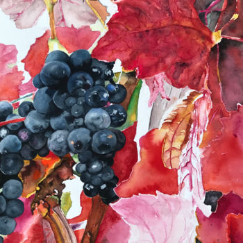 Malerei mit dem Titel "Grapes with red lea…" von Ewa Helzen, Original-Kunstwerk, Aquarell