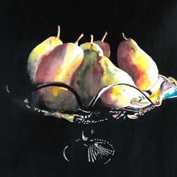 Painting titled "Pears in a Bowl" by Ewa Helzen, Original Artwork, Watercolor