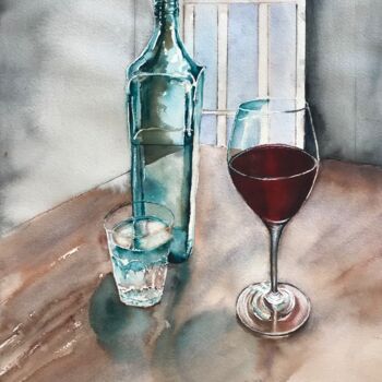 Painting titled "A glass of red" by Ewa Helzen, Original Artwork, Watercolor
