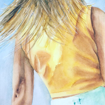 Painting titled "A girl in a yellow…" by Ewa Helzen, Original Artwork, Watercolor