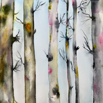 Pittura intitolato "Birch trunks" da Ewa Helzen, Opera d'arte originale, Acquarello