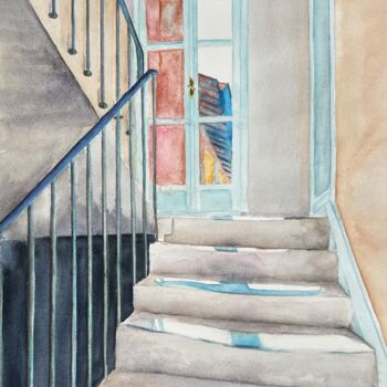 Картина под названием "Shadow on the stairs" - Ewa Helzen, Подлинное произведение искусства, Акварель