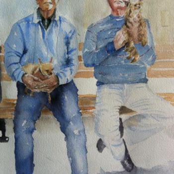 Painting titled "Two men with dogs" by Ewa Helzen, Original Artwork, Watercolor