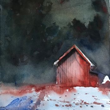 Painting titled "Nordic house" by Ewa Helzen, Original Artwork, Watercolor