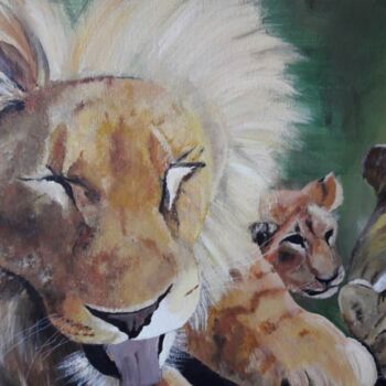 Schilderij getiteld "Lion with children" door Ewa Mościszko, Origineel Kunstwerk, Acryl