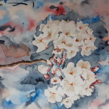 Painting titled "Cerisier en fleurs" by Ewa Rey, Original Artwork, Watercolor