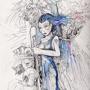 Drawing titled "Blue girl with robo…" by Ed Snook, Original Artwork, Ink