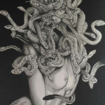 Drawing titled "Méduse - Medusa" by Eza Line, Original Artwork, Chalk