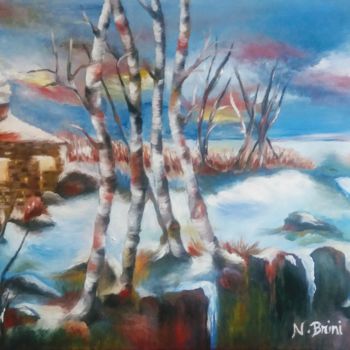 Painting titled "Les bouleaux" by Nawelbrini, Original Artwork, Oil