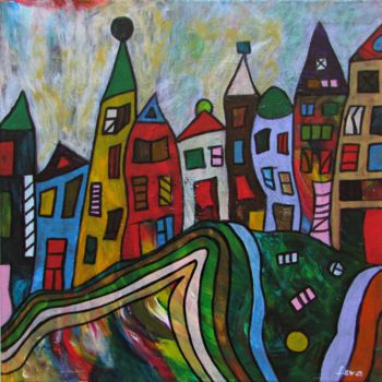 Malerei mit dem Titel "Stadt im Herbst" von Eva Fazakas, Original-Kunstwerk, Acryl