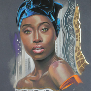 Collages intitulée "" African Beauty "" par Fabien Champetier, Œuvre d'art originale, Pastel