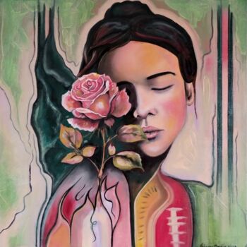 Painting titled "Tribal Rose" by Fabiana Crecco, Original Artwork, Oil Mounted on Wood Stretcher frame