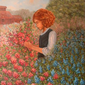 Painting titled "Niña entre las flor…" by Fabiana Iglesias, Original Artwork, Acrylic Mounted on Wood Stretcher frame