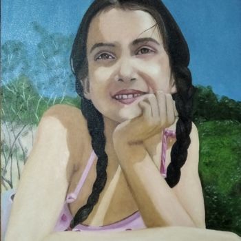 Painting titled "Retrato Nani" by Fabiane De Souza Morais, Original Artwork, Ink Mounted on Wood Panel